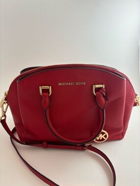 Michael Kors Red Pebble Leather Dome Satchel with Gold Hardware